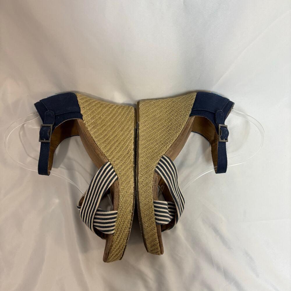 TOMS Sienna Espadrille Wedge Sandals Blue White Striped Canvas Size 11 - Picture 4 of 7